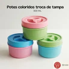 Jogo Potes 300ml Colorido Mantimento Plástico com Tampa Rosca Hermético Multiuso - Porta tempero