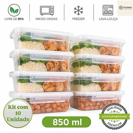 Kit com 5 e 10 Marmitas com Trava 850ml Hermetico de Plástico - Fitness - Freezer - Microondas - Marmita