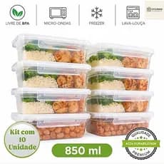 Kit com 5 e 10 Marmitas com Trava 850ml Hermetico de Plástico - Fitness - Freezer - Microondas - Marmita