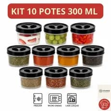 Jogo 10 Potes 300ml Mantimento Plástico com Tampa de Rosca - Hermético e Multiuso - Organizador