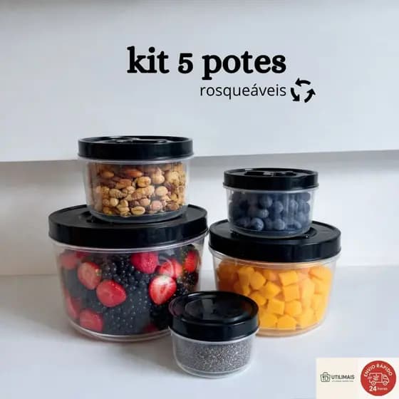 Jogo Kit 5 Potes Redondos Herméticos Rosqueáveis Multiuso Mantimentos Cozinha - 300ml a 3,4 Litros