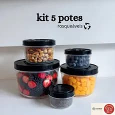 Jogo Kit 5 Potes Redondos Herméticos Rosqueáveis Multiuso Mantimentos Cozinha - 300ml a 3,4 Litros