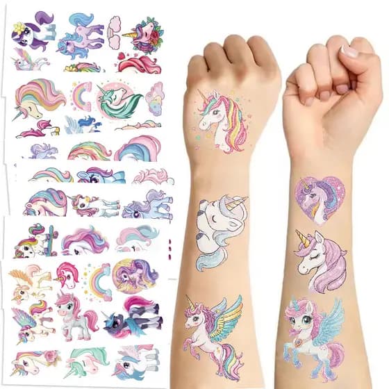 Nova Série de Adesivos de Tatuagem com Glitter de Unicórnio para Festas Infantis, à Prova d'Água, Divertidos e Interessa