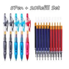 Kit 5 Canetas Click + 20 Refis 0,5mm Cores Preto Azul Vermelho Uso Escolar Escritório