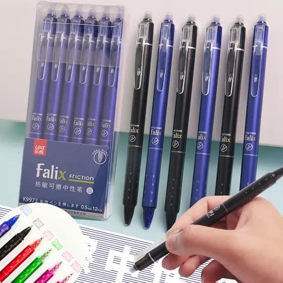 Pronta Entrega Kit com 6 Canetas Click Apagáveis Térmicas Ponta Bico de Bala 0,5mm Tinta Preta e Azul Apagável por Fricç