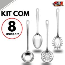 Kit 8 ou 4 Peças Colher de Arroz, Concha, Pegador de Massa e Escumadeira em Aço Inox Premium Cozinha e Restaurante