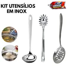 Kit 3 Utensílios Aço Inox Pegador de Massas Concha Escumadeira Cozinha Restaurantes Buffet Eventos