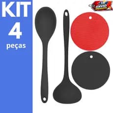 Kit Silicone Cozinha 4 Peças Descanso Panela 18cm + Concha 23cm + Colher de Arroz 27cm