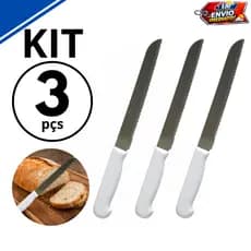 Kit 3 ou 2 Faca de Pão Bolo Torta Lâmina Aço Inox 8 Polegadas 32,5cm Cabo Plástico Branco Cozinha Serra