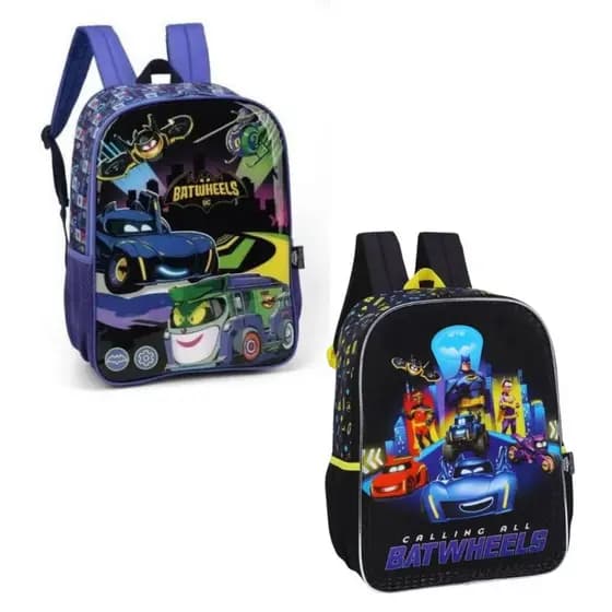 Mochila Infantil Escolar Batwheels 16” Original Licenciada com Bolso Lateral e Alças Ajustáveis