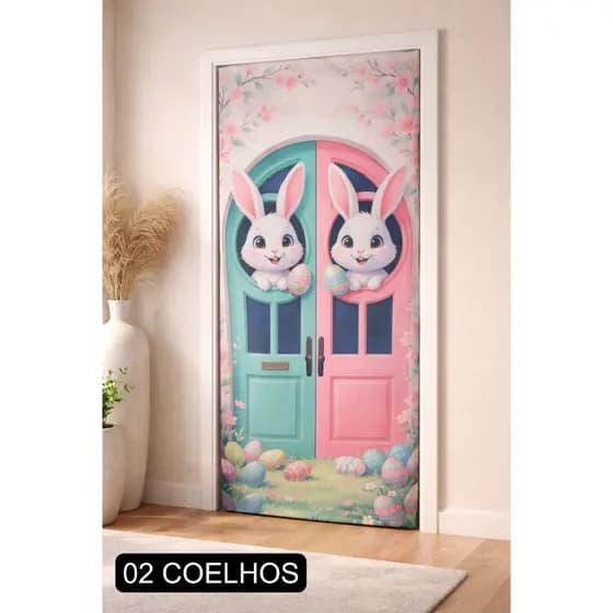 Capa para Porta Enfeite de Pascoa 2,10x0,85 Acabamento com Elástico Feliz Páscoa Coelhos