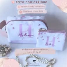 Necessaire Box + Porta Cartão Floral Rosa Personalizado | Inicial e Nome | Brinde Lembrancinha | Kit Presente Feminino