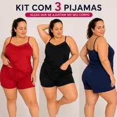 kit 3 Pijama Feminino Plus Size Canelado Short Blusa Alça Regulável Baby Doll Alcinha Trajes De Dormir