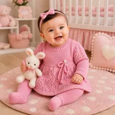 Saída de Maternidade  Bebê Menina Tricô Luxo Confortável Inverno Conjunto Vestido Calça Premium