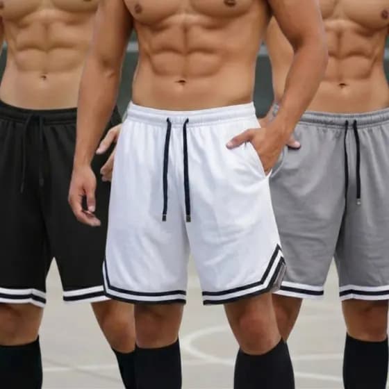 Kit 3 Short Americano Masculino Dry Fit Academia Com Bolso Fitness Casual Preto Branco e Prata