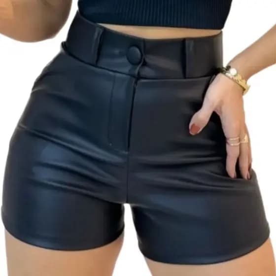Short  Couro Fake Cintura alta Com Bolsos Moda Blogueira