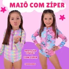 Maiô Natação Infantil Manga longa com Zíper e Proteção Solar UV Piscina Praia