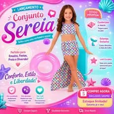Conjunto Sereia Infantil Menina Fantasia Cauda Removível Praia Festa Ensaio Moda Verão Luxo Colorido Premium Biquini