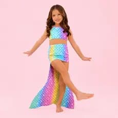 Conjunto Sereia Infantil 3 em 1 com Cauda Removível Biquíni Menina Luxo Para Praia Piscina Fantasia Verão Proteção UV