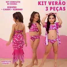 Kit Biquíni + Cauda + Kimono Piscina Praia Fantasia Proteção UV FPU50+