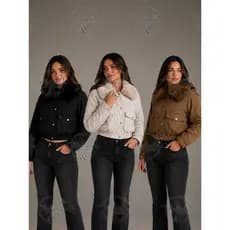 Jaqueta Cropped Feminina Sarja Forrada com Pelúcia Gola Removivel