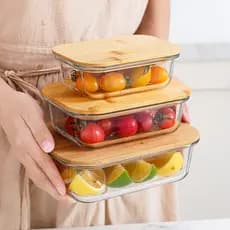 Kit de Potes de Vidro Com Tampa de Bambu Organizador de Geladeira Marmita Microondas e Freezer