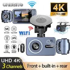 4K Carro Dvr 3 Canais Gravador De Vídeo Wifi Frente Dentro Câmera Visão Traseira DashCam Para Carros Monitor Caixa Preta