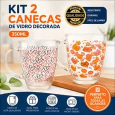 KIT 2 CANECAS ESTAMPADA DE VIDRO DECORADA 350ML- CASA - COZINHA