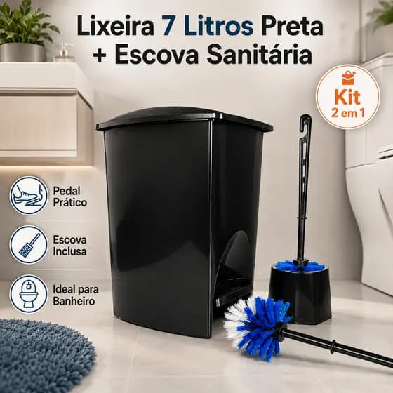 Lixeira Preta com Pedal + Escova Sanitária - COZINHA - BANHEIRO- CASA