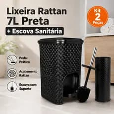 LIXEIRA DE COZINHA RATTAN 07 L COM PEDAL PRETA + ESCOVA SANITARIA PRETA COM SUPORTE FERRO E PLÁSTICO
