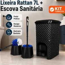 Lixeira Rattan Preta com Pedal + Escova Sanitaria Reforçada- Banheiro - Cozinha