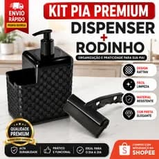 Kit Pia 2 em 1 Rattan Preto Porta Detergente com Porta Esponja + Rodinho Organizador de Cozinha