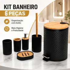 Kit Banheiro 6 Peças Preto Fosco com Bambu + Lixeira 5L com Pedal Luxo Lavabo Organizado