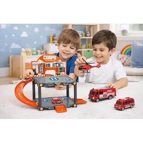 Brinquedo Infantil Estacionamento Pista Montar 13 Pecas Veiculos Bombeiros Helicoptero