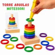 Torre de Argolas Montessori Pinça Coordenação Motora Jogo Educativo Sensorial Colorido