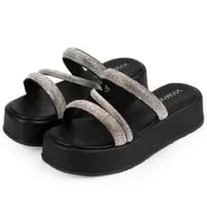 Papete Feminina 3 Tiras Z Strass Brilho Plataforma Alta Flat Confortável Luxo Birken Sandália