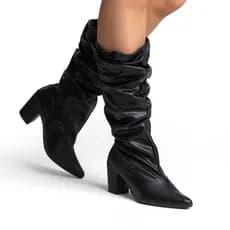 Bota Feminina Bico Fino Cano Medio Napa Enrugada Salto Bloco Leve Conforto Elegante Moderna