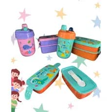 Kit Marmita Infantil Com Talheres de plástico e garrafa de 400 ml com canudo lancheira escolar creche alimentação