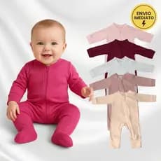 Kit 3 Macacão Zíper Menina Liso Bebê Feminino Algodão Vira Pé Inverno Infantil Macio Macacões