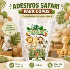 Adesivo Personalizado Safari Para Copo Festa Infantil Com Nome e Idade Vinil À Prova D'água 35 Un