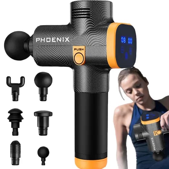 Pistola Massageadora Phoenix Profissional Fisioterapeutica Sem Fio Recarregavel 20 Niveis de Velocidade + 6 Ponteiras