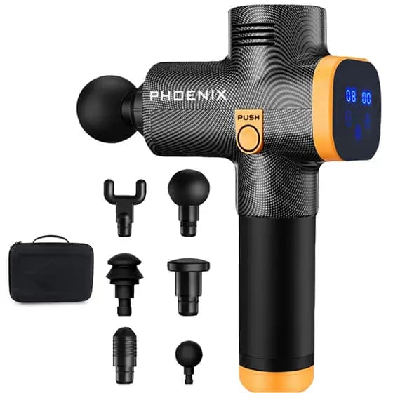 Massageador Phoenix Profissional 30 Níveis LCD Recarregável com 6 Ponteiras para Recuperação e Relaxamento Profundo