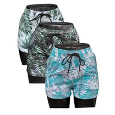 Kit 3 Shorts Feminino, Tactel Com Elastano Estampado, Moda Praia, Piscina, Academia, Shortes Tactel