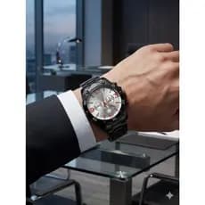 Relógio grande pulseira de aço Branco com ponteiros vermelho Estiloso e Charmoso