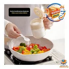 Porta Condimentos Redondo de Vidro 280ml com Colher Dosadora Tampa Hermética Organização Cozinha