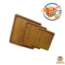 Conjunto 3 Bandejas Quadradas Madeira MDF Amadeirado Organizador Mesa Posta Pratico
