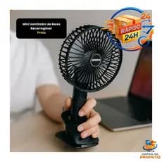 Mini Ventilador de Mesa Recarregável USB Preto 3 Velocidades Portátil Silencioso Ajustável