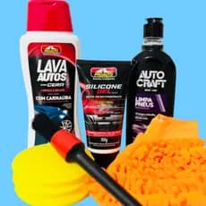 Kit Completo Proauto Lavagem Segura C/Shampoo C/Cera Carnauba + Silicone Gel Perfumado + Pretinho Autocraft + Acessórios