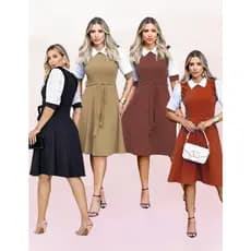 Vestido Midi Rodado Gola Flat Manga Princesa 3/4 Laço na Cintura, Babado Ombro Moda Evangélica