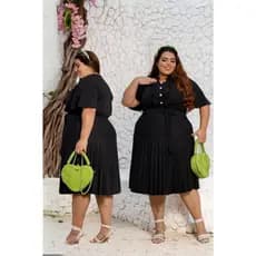 Vestido Midi Plissado Jacar botão e babado frontal